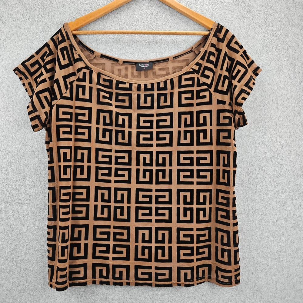 GEMSTONE Top Women 3X Brown Geometric Mesh Short Sleeve GM12340X Trendy Chic